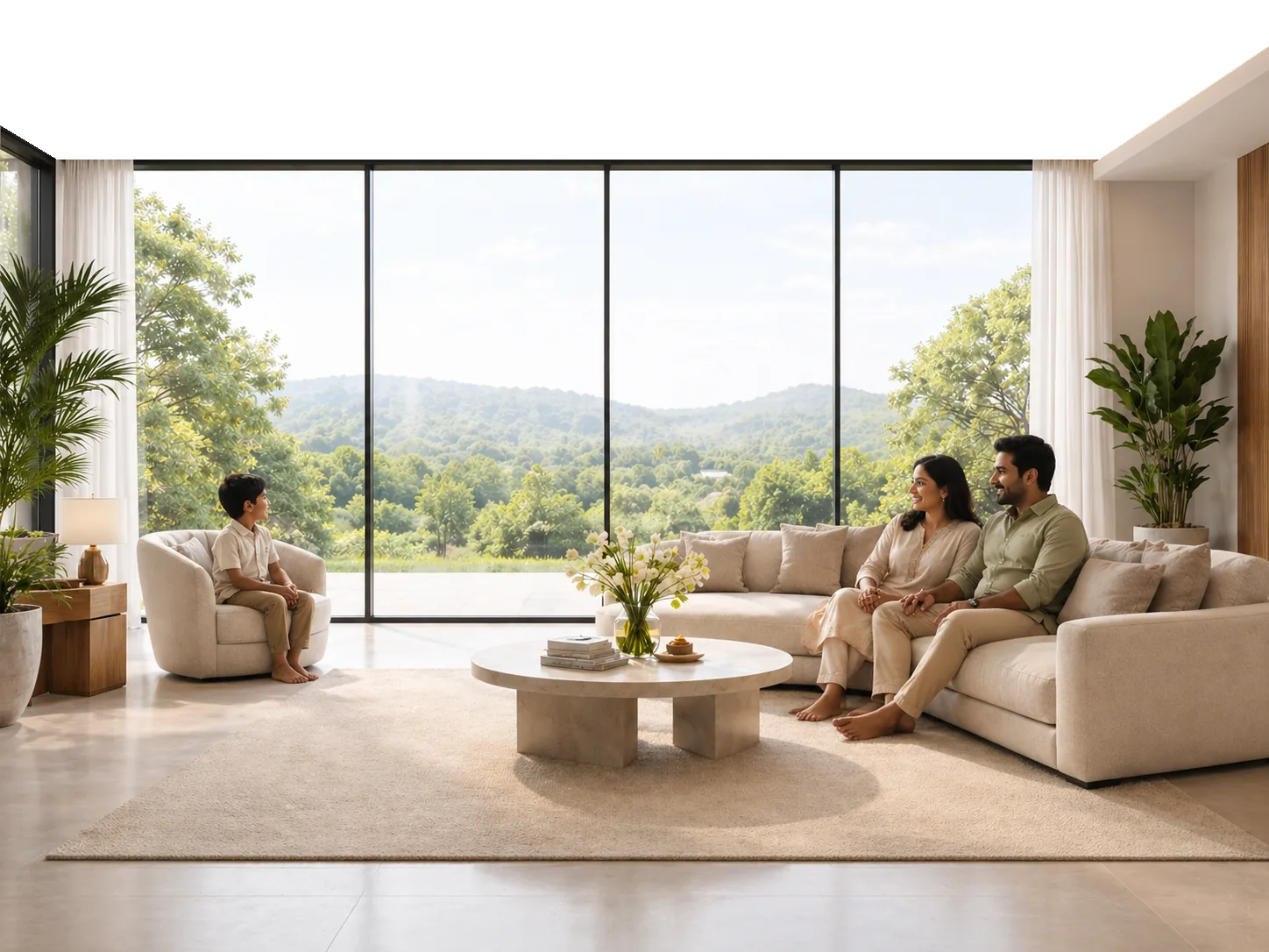 Living space with floor-to-ceiling aluminium-framed glazing